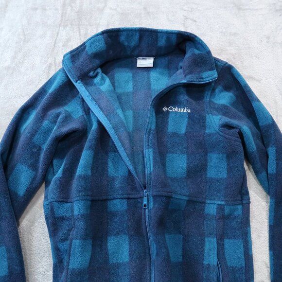 Columbia Mens Fleece Jacket Casual Drawstring Waist Zip Up Checkered Blue - Picture 3 of 16